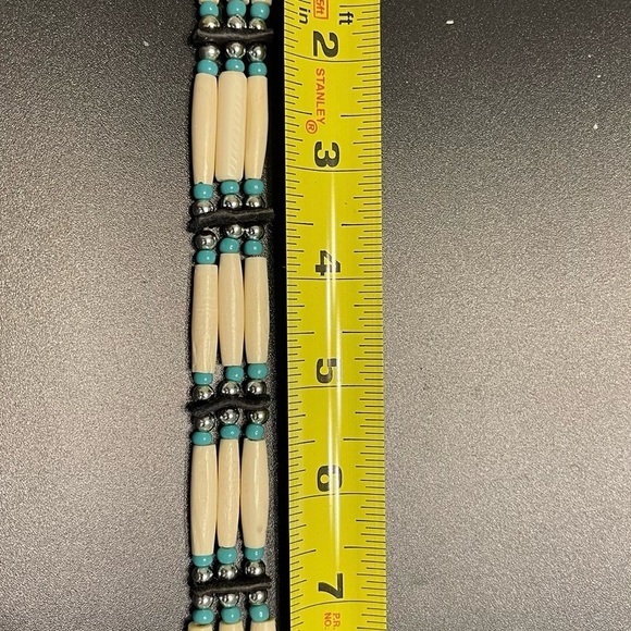 Buffalo Bone Native American Tribal Choker Beaded Turquoise Pewter Necklace VTG - Picture 12 of 16